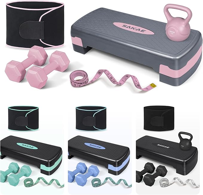 SAKAE Adjustable Aerobic Stepper Kit with Dumbbells & Kettlebell & Weightlifting Belt & Measuring Tape, 2 Level Risers Exercise Step Platform for Home Gym Exercise Fitness Workout, Multiple Colors