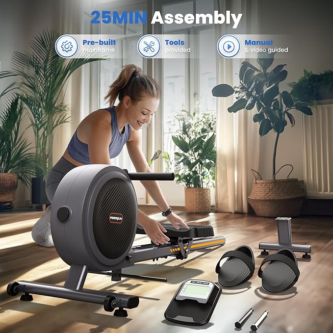 FEIERDUN Rower Machine, Compact Rowing Machines for Home with 350LBS Loading Capacity, Magetic Rower Machine for Home with APP, Row Machine with Dual Slide Rail