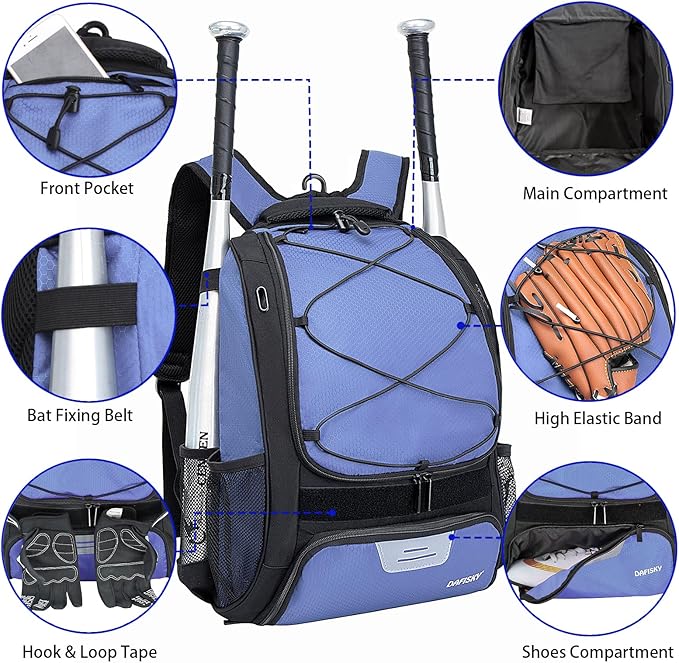 Baseball Bag Softball Backpack - Youth Adult T Ball Bat Equipment Bag with Bat Helmet Holders, Shoe Compartment