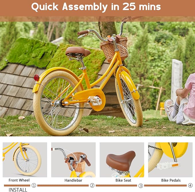 Glerc Little Molly 12-20 Inch Kids Retro Cruiser Bike for 2-13 Year Old with Wicker Basket & Training Wheels/Kickstand, Multiple Colors