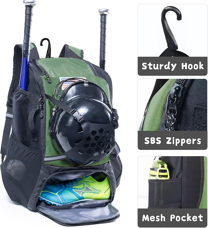 Baseball Backpack for Youth, Boys, Adults - Bat and Softball Equipment Bag With Glove Holder, Helmet, Shoes Compartment - T-Ball Accessories and Baseball Gifts
