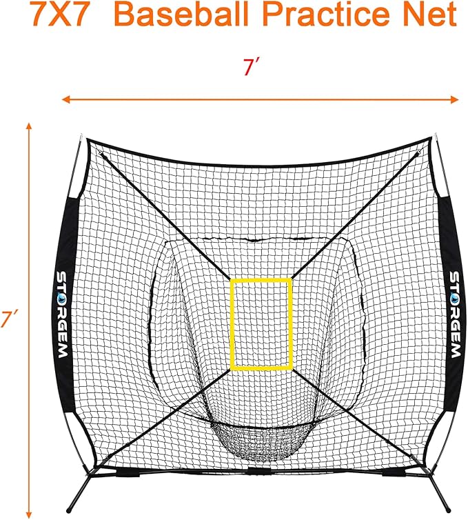 Storgem Baseball and Softball Practice Net 7×7ft Portable Hitting Pitching Batting Training Net Baseball Backstop Net with Batting Tee and Strike Zone and Bow Frame