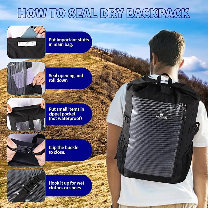 Dry Bag Backpack,25L Dry bags waterproof Kayaking, Waterproof bag with Waist Pouch and Phone Case,Waterproof Backpack Marine dry bag for Kayaking, Beach, Rafting, Boating (Black)