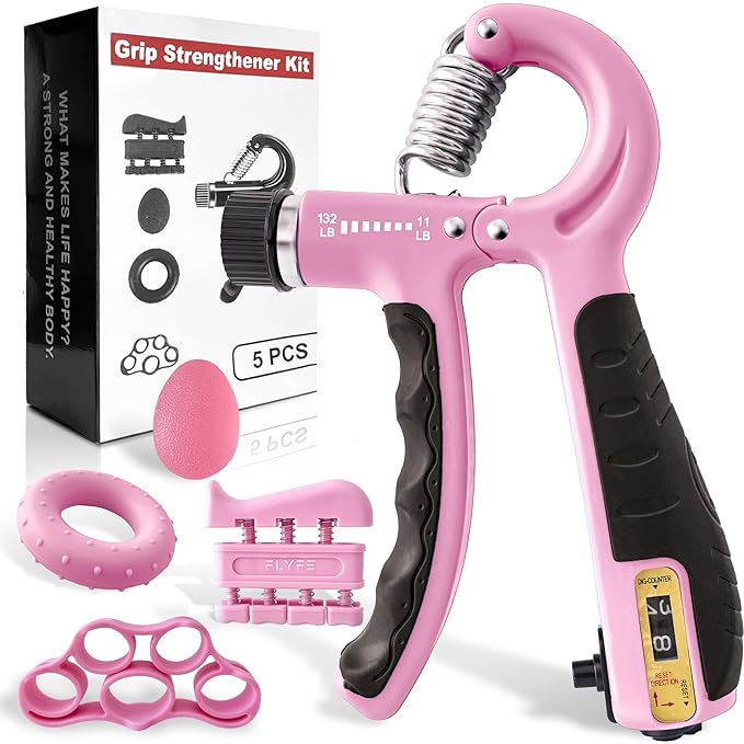 FLYFE Grip Strength Trainer Kit (5 Pack), Forearm Strengthener, Hand Squeezer Adjustable Resistance, Finger Stretcher, Grip Ring, Relief Ball and Finger Exerciser for Men and Women, Injury Recovery