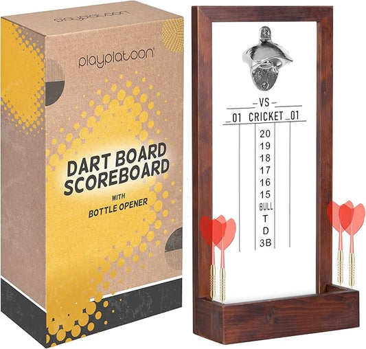 Play Platoon Dart Scoreboard & Darts Holder Wall Mount with Bottle Opener - Wood Score Board, Professional Darts Accessories, Dart Holder