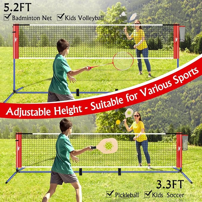 Pickleball Badminton Net Set for Backyards, All-in-One Portable Volleyball Combo Set with Adjustable Net, Volleyball Pickleball Paddles & Badminton Rackets for Indoor Outdoor