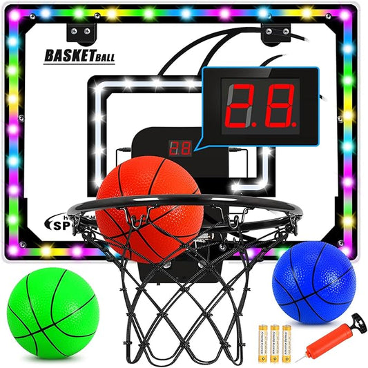 AOKESI Mini Indoor Basketball Hoop for Kids Scoring Hoop with 3 Balls,Led Light & Batteries Over The Door Bedroom Office Portable Basketball Toys Best Gift for Adults & Boys 4 5 6 7 8 9