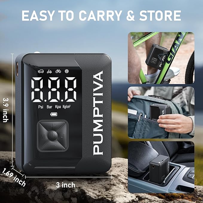 Tire Inflator Portable Air Compressor, 150 PSI Portable Electric Bike Pump Auto Shut-Off Cordless Car Tire Air Pump with Accurate LCD Display LED Light for Car, Motorcycle, Bicycle, Bike, Ball