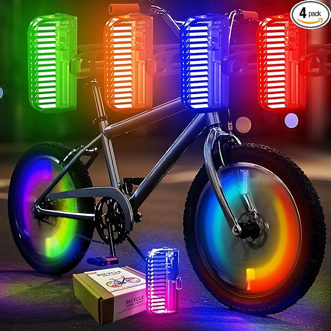 Bike Wheel Lights Rechargeable 4pack, Adults Kids Bike Lights for Wheels 7-Color Variable, Motion Sensor,Fit All Wheel Sizes of Bike,Toddler Balance Bicycle, E-Bike,Waterproof