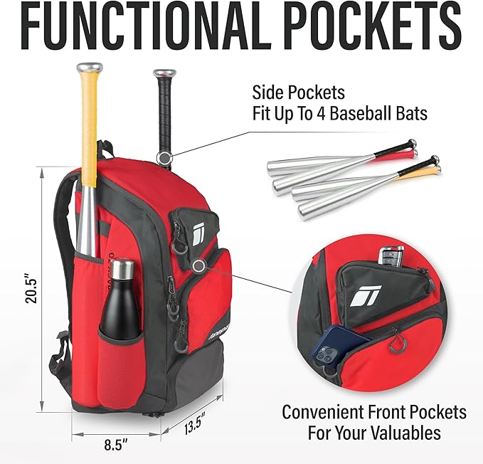 Baseball Bag - Backpack for Baseball, Softball, Tball - Adults & Youth Bat Bag