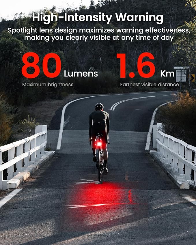 RAVEMEN NT201 Bike Radar Tail Light, 80-Lumen Bright Wide-Angle Bicycle Rear Light with Visual & Audible Alert, Auto Brake Flash, ANT+ Compatible, Power Level Check for Night Urban City Riding