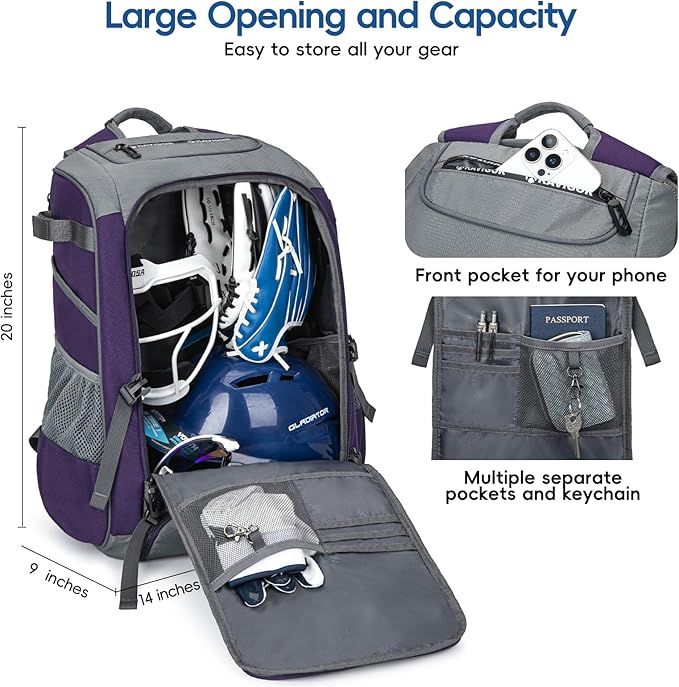 Baseball Bag for Youth and Adult, Softball Backpack 50L Large Capacity, Equipment Backpack with Laptop Compartment and Charge Port