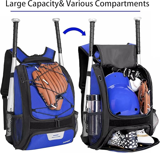 Baseball Bag Softball Backpack - Youth Adult T Ball Bat Equipment Bag with Bat Helmet Holders, Shoe Compartment