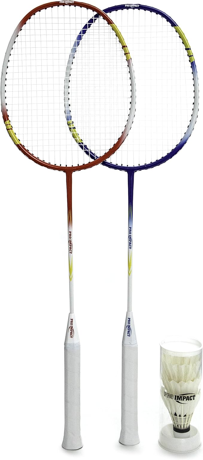 Pro Impact Badminton Racket Set - Lightweight Aluminum Head Rackets with Steel Shaft, Feather Shuttlecocks, Durable Carrying Case - Perfect for Outdoor Games, Adults, Kids, and Family Fun