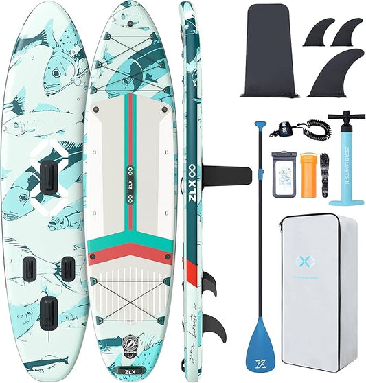ZLX 11'6" Extra Wide Inflatable Stand Up Paddle Board SUP, Stable Non-Slip Deck Pad, Unique Fin System and Premium iSUP Accessories - Portable Backpack & Upgraded Pump for Adults, All Skill Levels