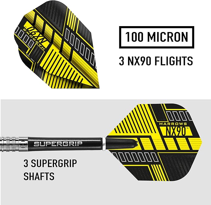 Harrows NX90 Darts, 90% Tungsten Steel Tip Darts Set, Includes High-Grade Shafts, Aerodynamic Dart Flights, Available in Sizes 21g, 22g, 23g, 24g, 25g & 26g