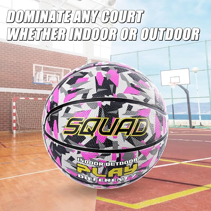SQUAD Colored Camo Outdoor Basketball - High-Performance Rubber Basketball, Official Regulation Size 7 (29.5''), Includes Pump and Mesh Bag