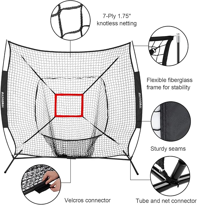 7'×7' Baseball Softball Practice Net,Baseball Backstop,with Batting Tee,for Hitting Pitching Batting Catching with Bow Frame,Bonus Strike Zone