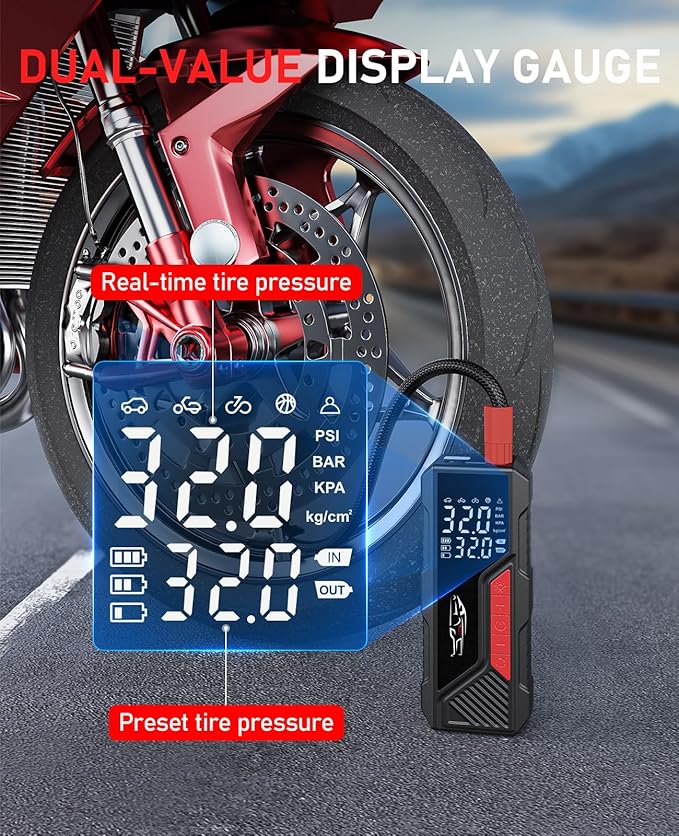 Tire Inflator Portable Air Compressor, Cordless Air Pump for Car Tire 150PSI, Battery & 12V DC, Electric Bike Pump with Pressure Gauge, Auto Shutoff, for Bicycle, Ball, Motorcycle Accessories