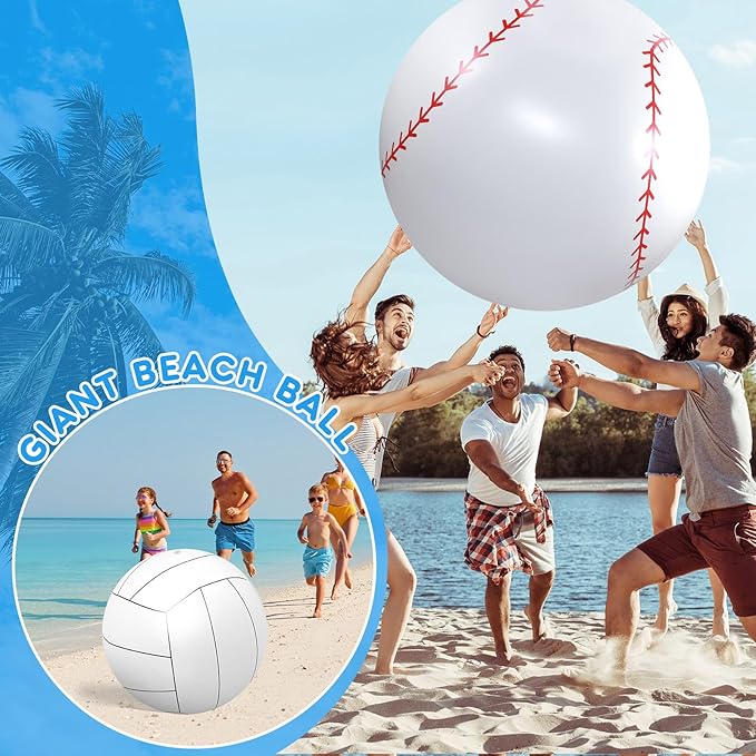 Lewtemi Giant Inflatable Sports Balls Large Inflatable Beach Ball Baseballs Soccer Rainbow Basketball Football for Sport Birthday Party Favor(2 Pcs,Baseball, Volleyball,27 Inch)