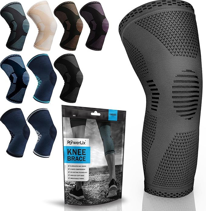 POWERLIX Knee Compression Sleeve - Best Knee Brace for Knee Pain for Men & Women – Knee Support for Running, Basketball, Volleyball, Weightlifting, Gym, Workout, Sports - (Gray L)