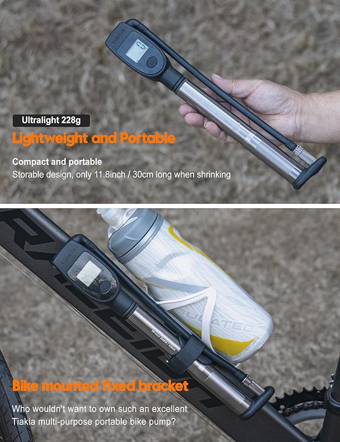 Tiakia High Pressure Shock Pump with Digital Pressure Gauge for Air Front Fork & Rear Suspension, Portable Bike Pump Aluminum Bicycle Tire Inflator Frame Pump Fit Schrader/Presta DH Bike