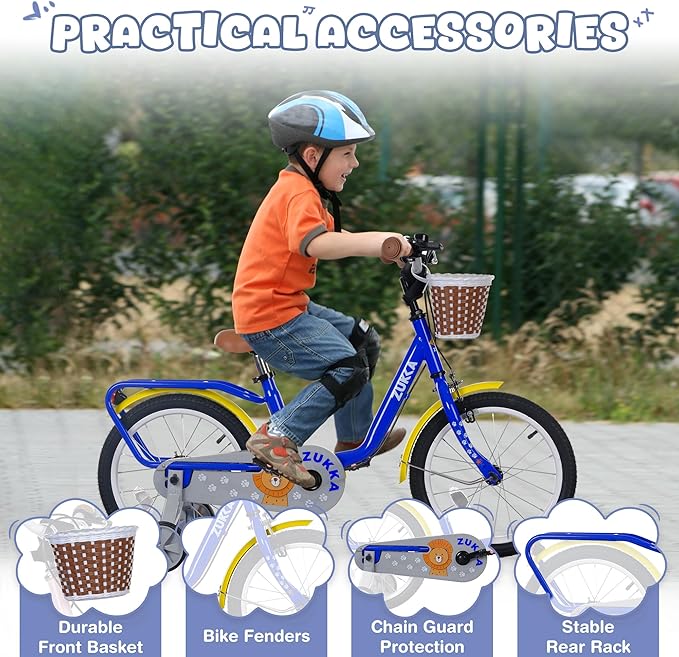 Kids Bike 16 inch Boys Girls Ages 4-7 Years Old Cruiser Bicycle with Woven Basket Single Speed for Youth Caliper Brake Band Brake Rear Rack Included Multiple Colors