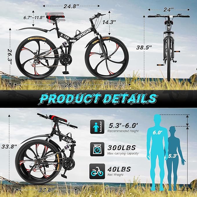 Betterland 26 Inch Folding Mountain Bike, 21 Speeds Full Suspension Foldable Bikes, Dual Disc Brake, High Carbon Steel Frame and Non-Slip Quick Release tire Bicycle for Adult