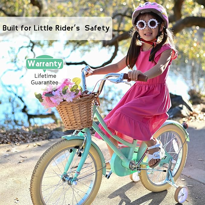 Glerc Little Molly 12-20 Inch Kids Retro Cruiser Bike for 2-13 Year Old with Wicker Basket & Training Wheels/Kickstand, Multiple Colors
