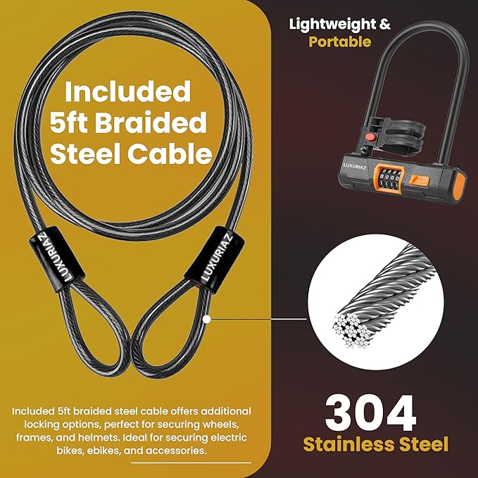 Heavy Duty Bike Lock with 5ft Steel Cable, 4-Digit Resettable Combination U-Lock, Durable Cable Lock for Secure U Lock Bike Protection