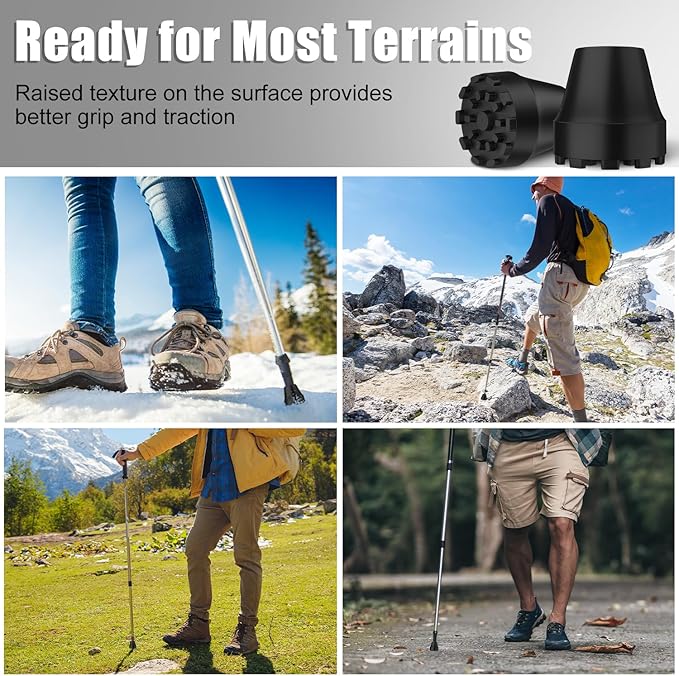 supregear Replacement Rubber Tips for Trekking Poles and Walking Sticks, Anti-Slip Shock-Absorbing Black Feet Caps, Universal Fits 11 mm Standard Hiking Canes and Collapsible Walkers