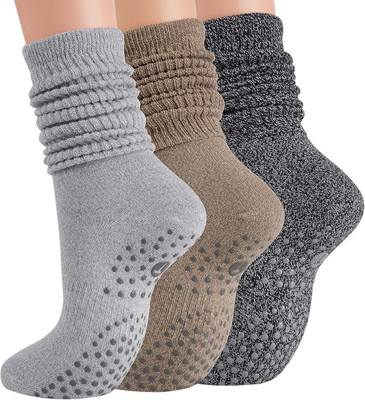 Grip Pilates Socks for Women, Yoga Slouch Socks with Grip for Barre Workout Hospital Long Scrunch Slipper Socks