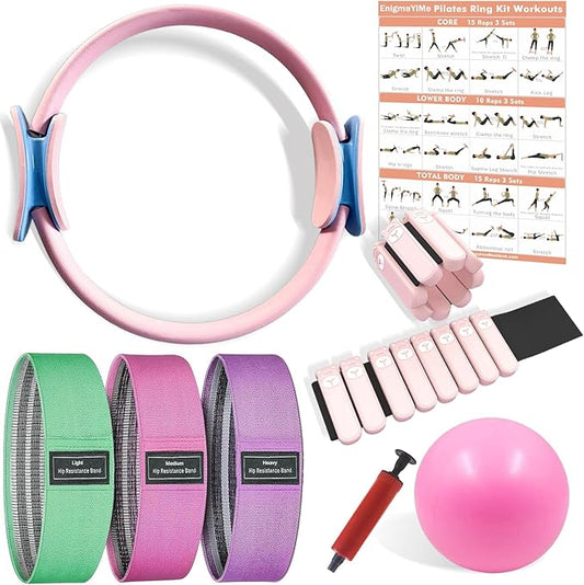 Pilates Ring and Ball Set, Adjustable Ankle Wrist Weights, Resistance Bands, Pilates Equipment for Home Workout Kit to Tone, Sculpt and Strengthen, Fitness Magic Circle Rings for Yoga Women