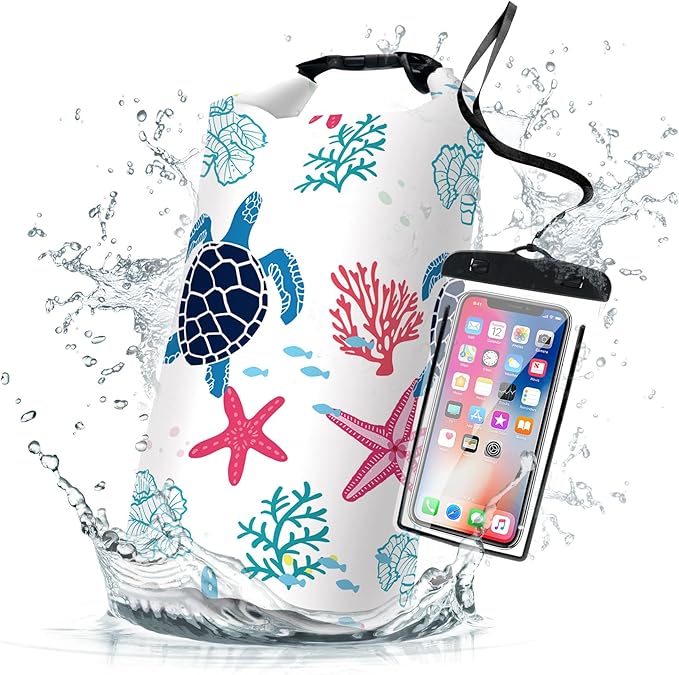 Waterproof Dry Bag,Roll Top Sea Turtle Coral Starfish Waterproof Backpack 5L/10L/20L Floating and Lightweight Bags for Kayaking, Boating, Fishing, Swimming and Camping with Waterproof Phone Case