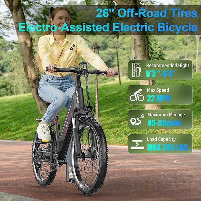 F26 Electric Mountain Bike for Adults,1500W Peak Motor, 55-Mile Range, 28MPH, 48V 10AH Detachable Battery, 7-Speed, 26-Inch Tires and Front Fork Fuspension Commuter Electric Bicycle