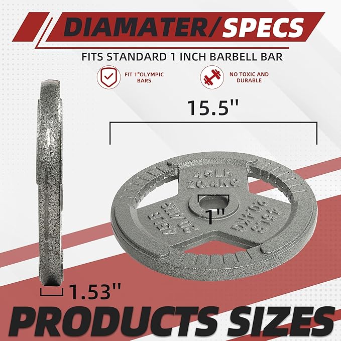 Cast Iron Gym Weight Plates | 1" and 2" Olympic Bumper Plates for Weightlifting, CrossFit, Deadlift, and Squat