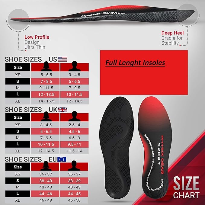 Physix Gear Orthotic Insoles for Men & Women - Arch Support Orthotics Insole, Orthopedic Insoles, Inserts for Men & Women, Foot Insoles for Plantar Fasciitis Comfort, Shoe Insert, Feet, Red/Black, M