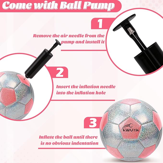 Soccer Ball Size 3 4 5 Glitter Pink Purple Silver with Pump Toddler Soccer Ball for Kids Aged 3-6 6-8 8-12 Outdoor Training Ball for Girls Boys Children Youth Teens