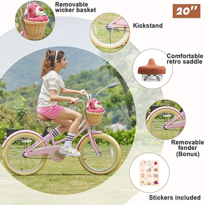 Glerc Little Molly 12-20 Inch Kids Retro Cruiser Bike for 2-13 Year Old with Wicker Basket & Training Wheels/Kickstand, Multiple Colors