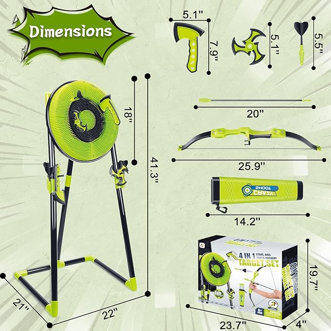 4 in 1 Axe Throwing Target Set for Backyard Kids Adults, Includes Bristle Target, Bow & 5 Arrow, 3 Throwing Axes, 3 Ninja Stars, 6 Darts, Safe Plastic Archery Yard Game for Outdoor Indoor