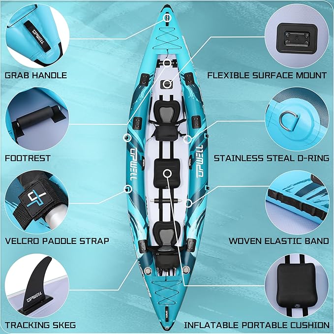 UPWELL 11'/14'6”Inflatable Kayak with Drop Stitch Floor and Accessories Including Kayak Seat with Thickened Cushion, Paddle, Fin, Repair Kits, Carry Bag and Hand Pump