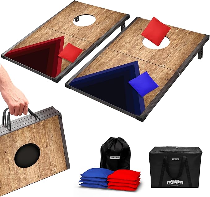 Portable Cornhole Board Set 24"x15", Foldable Wooden Travel Size Corn Hole Game Sets, Incl 2 Boards 8 Canvas Bean Bags, Indoor & Outdoor Lawn Toss Games Activity, for Kids Teens & Adults