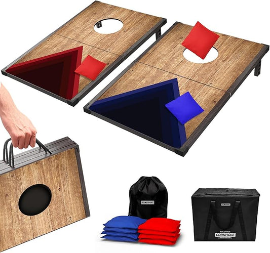 Portable Cornhole Board Set 24"x15", Foldable Wooden Travel Size Corn Hole Game Sets, Incl 2 Boards 8 Canvas Bean Bags, Indoor & Outdoor Lawn Toss Games Activity, for Kids Teens & Adults