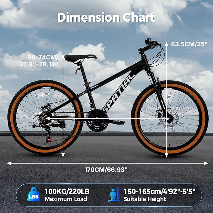 SPATIAL Mountain Bike, 24/26/27.5/29 inch Outdoor Cycling Bike,21/8 Speed Lightweight Aluminum Frame | Dual Disc Brakes,Adjustable Ergonomic Seat for Men Women Adult,MTB Bicycle