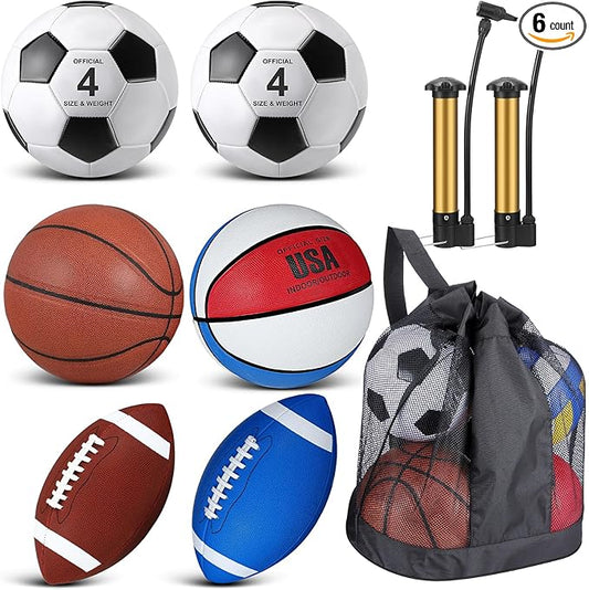 Lenwen 6 Pcs Sport Balls Set for Kids Teens, Include Official Size Basketball Football Soccer Ball with Sport Equipment Bags and Pumps for Training Practice Back to School