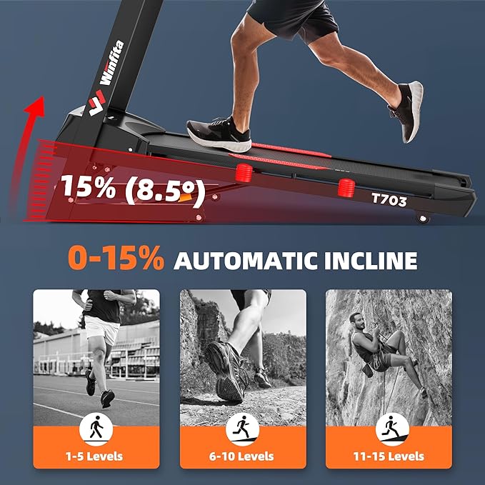 Treadmill with Incline, 300 LBS Capacity, 8 MPH or 10 MPH Speed, Bluetooth, App, Pause Function, Folding Treadmills for Home with 64 Programs, 17'' or 18'' Wide Belt, Heart Rate, BMI Detector