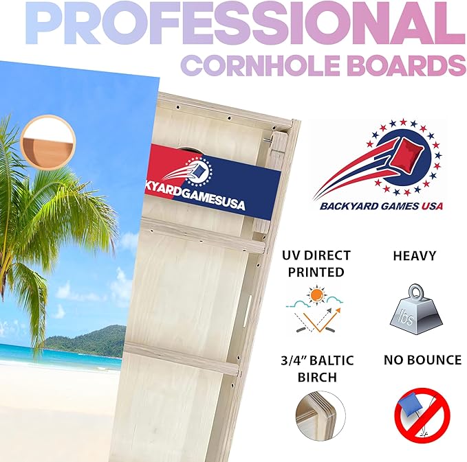 CornholeGamesUSA Pro Cornhole Boards Set | Made in USA | 3/4 Baltic Birch | No Bounce | Triple Thick Legs | Two Brace & Handles, Tournament 2x4 Regulation Set with Score Tower & Cornhole Bags