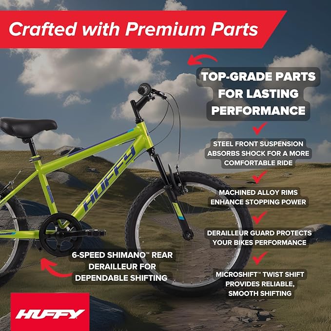 Huffy Stone Mountain Hardtail Mountain Bike for Boys/Girls/Men/Women, 20"/24"/26" Sizes, 6 or 21 Speed Shimano Twist Shifting, Front or Dual Suspension, Comfort Saddle, Sleek Colors