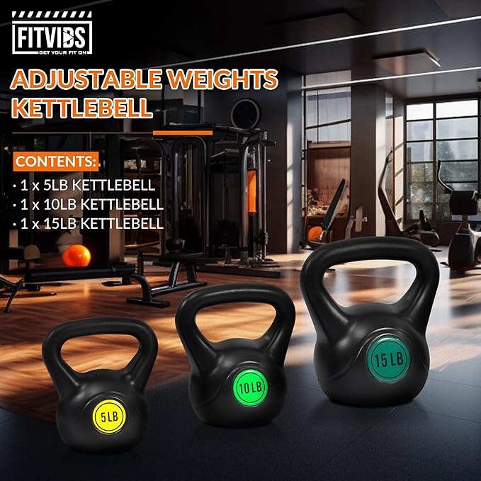 Wide Grip 3-Piece or 4-Piece Kettlebell Exercise Fitness Weight Set, Include 5 lbs, 10 lbs, 15 lbs and 20 lbs, Set of 3 or Set of 4
