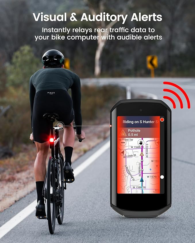 RAVEMEN NT201 Bike Radar Tail Light, 80-Lumen Bright Wide-Angle Bicycle Rear Light with Visual & Audible Alert, Auto Brake Flash, ANT+ Compatible, Power Level Check for Night Urban City Riding